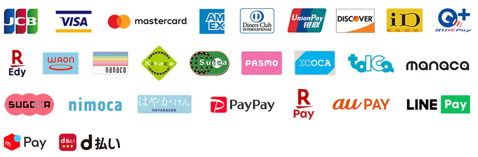 JCB・VISA・mastercard・アメリカン・エキスプレス・ダイナースクラブカード・銀聯・DISCOVER・iD・QUICPay・楽天Edy・WAON・nanaco・Kitaca・Suica・PASMO・ICOCA・TOICA・manaca・SUGOCA・nimoca・はやかけん・PayPay・楽天ペイ・au PAY・LINE Pay・メルペイ・d払い